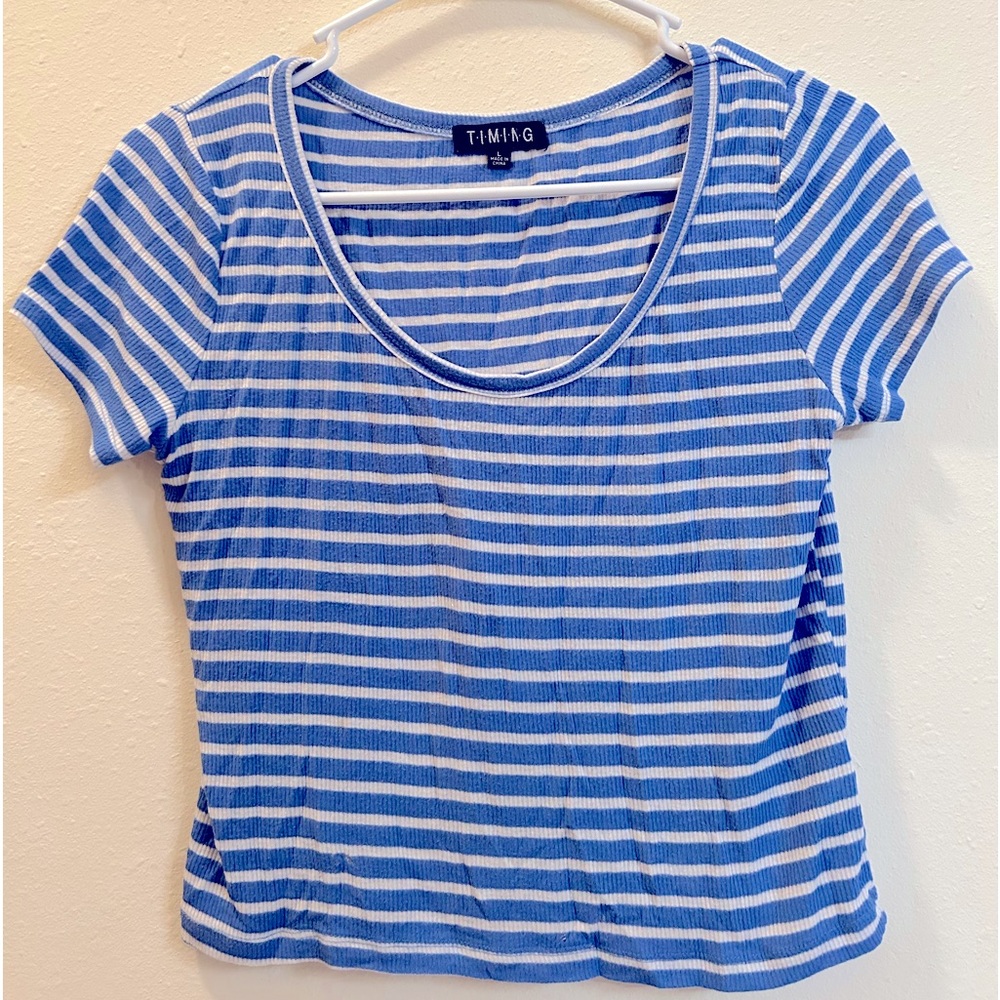 (L) TIMING Blue Striped Crop Top Short Sleeve Shirt